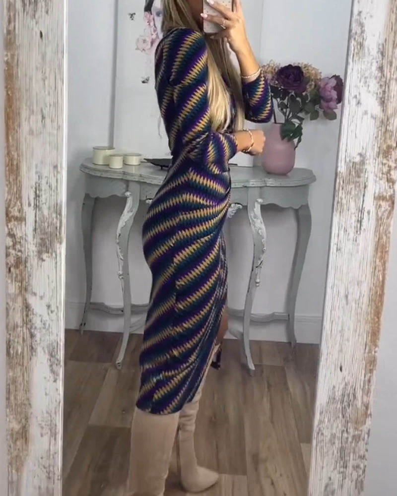 Sexy Dress with Striped and High Neck