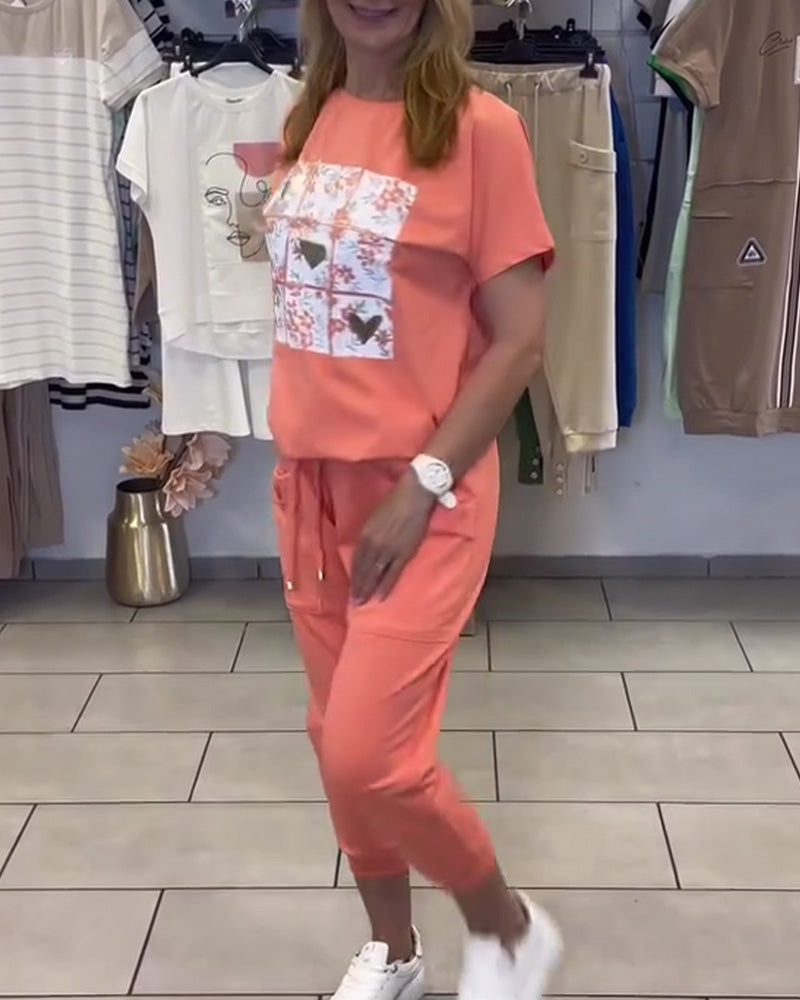 Casual Printed Cropped Pants Set