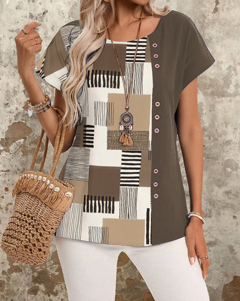 Geometric Print Striped T-Shirt