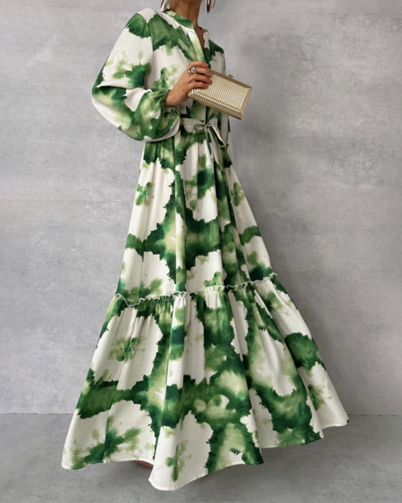 Elegant tie-dye patchwork drawstring balloon sleeve dress