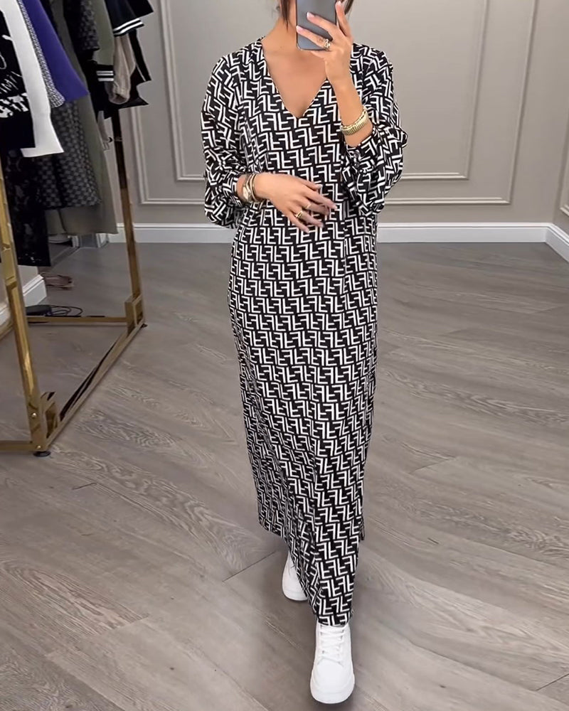 Printed geometric long-sleeved dress