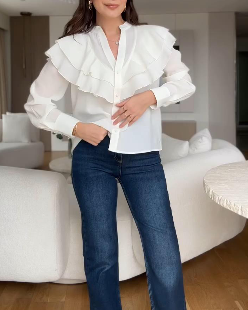 Solid Color Ruffled V-Neck Blouse
