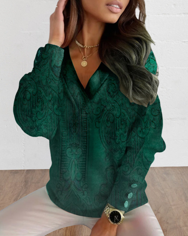 Casual V-Neck Printed Long-Sleeved Top