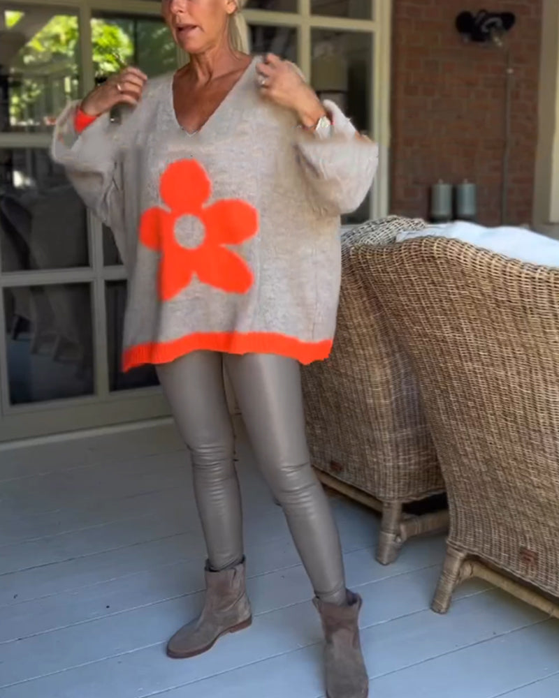 Floral pattern v-neck sweater