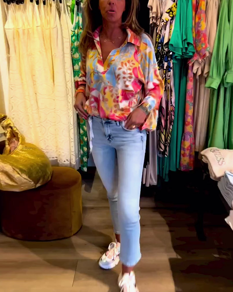 Lapel printed long sleeve top