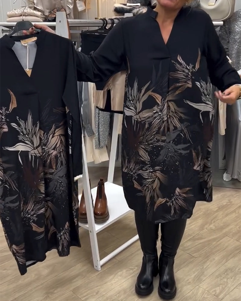 V-Neck Leaf Print Long-Sleeved Dress