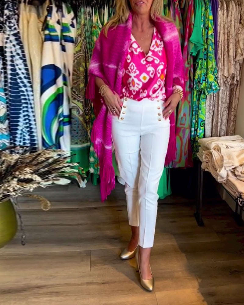 Printed V-neck short-sleeved top