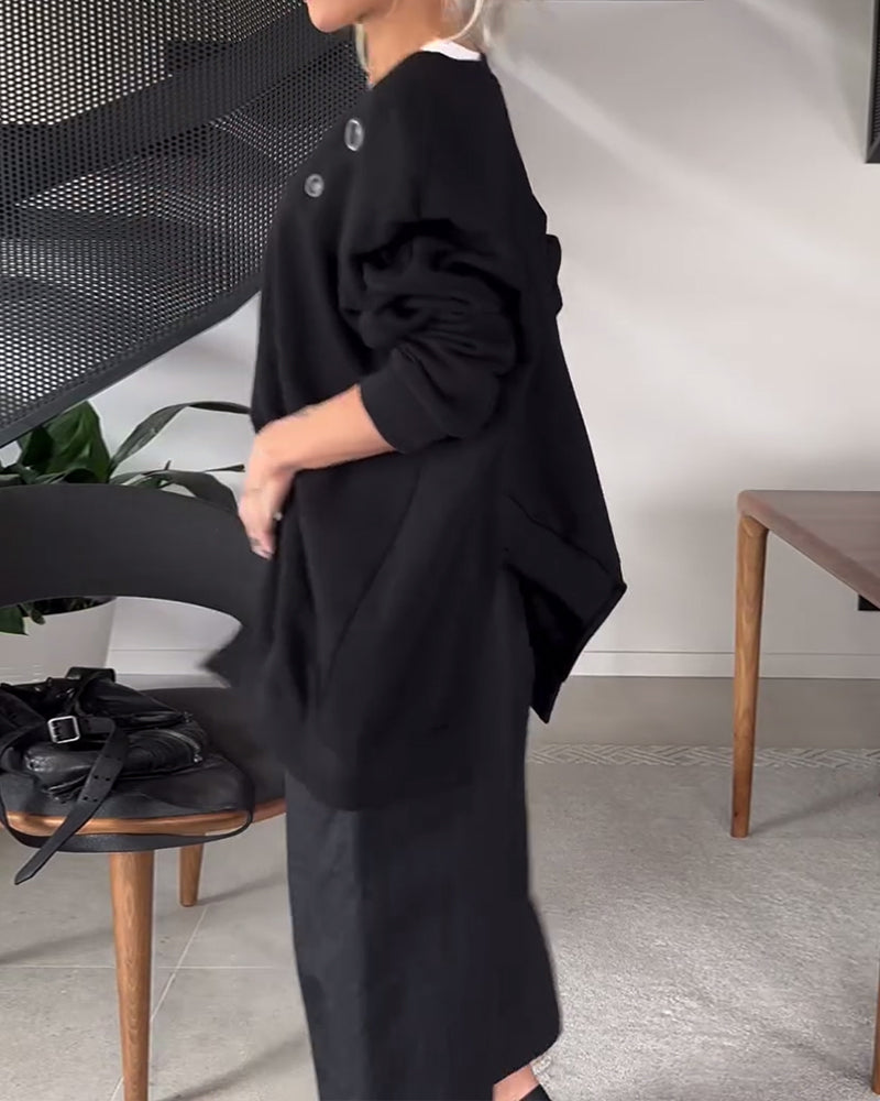 Solid color casual round neck slit sweatshirt