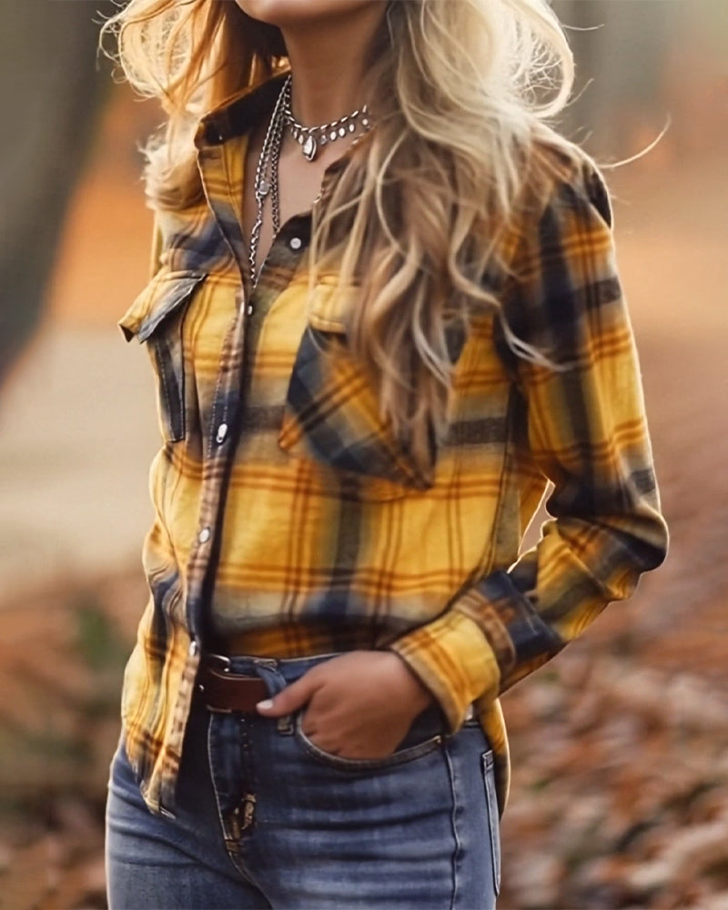 Casual Plaid Pocket Blouse