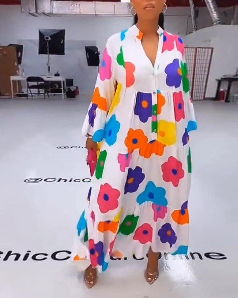 Colorful flower print bell sleeve casual dress