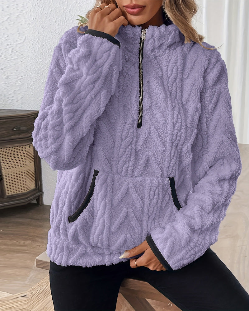 Lapel Zipper Front Fuzzy Sweatshirt