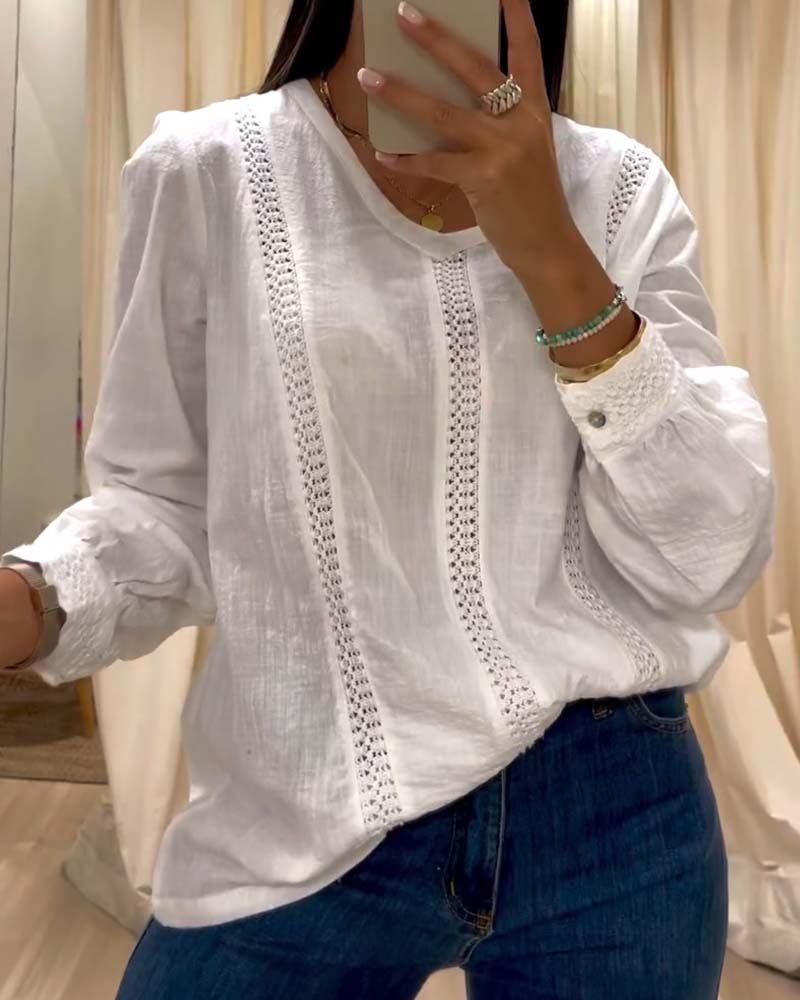 Fashionable lace round neck long sleeve top