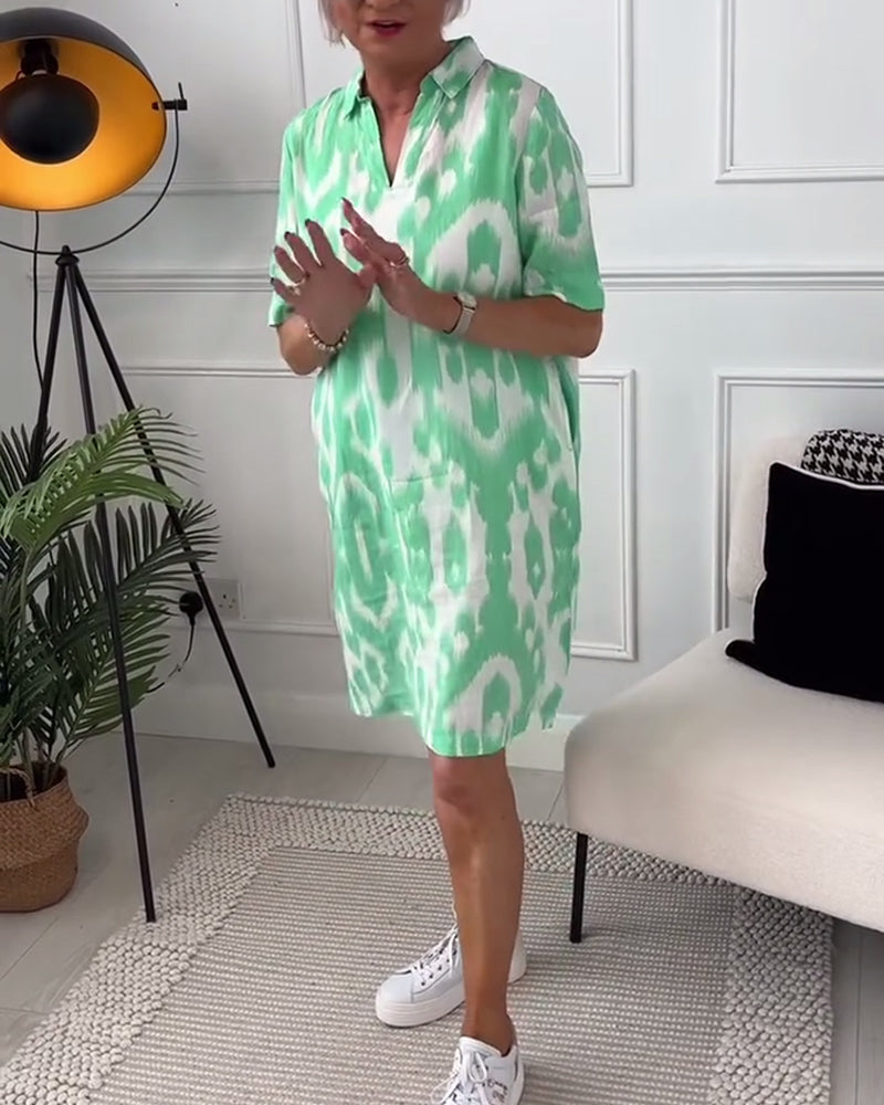Lapel short sleeve printed dress