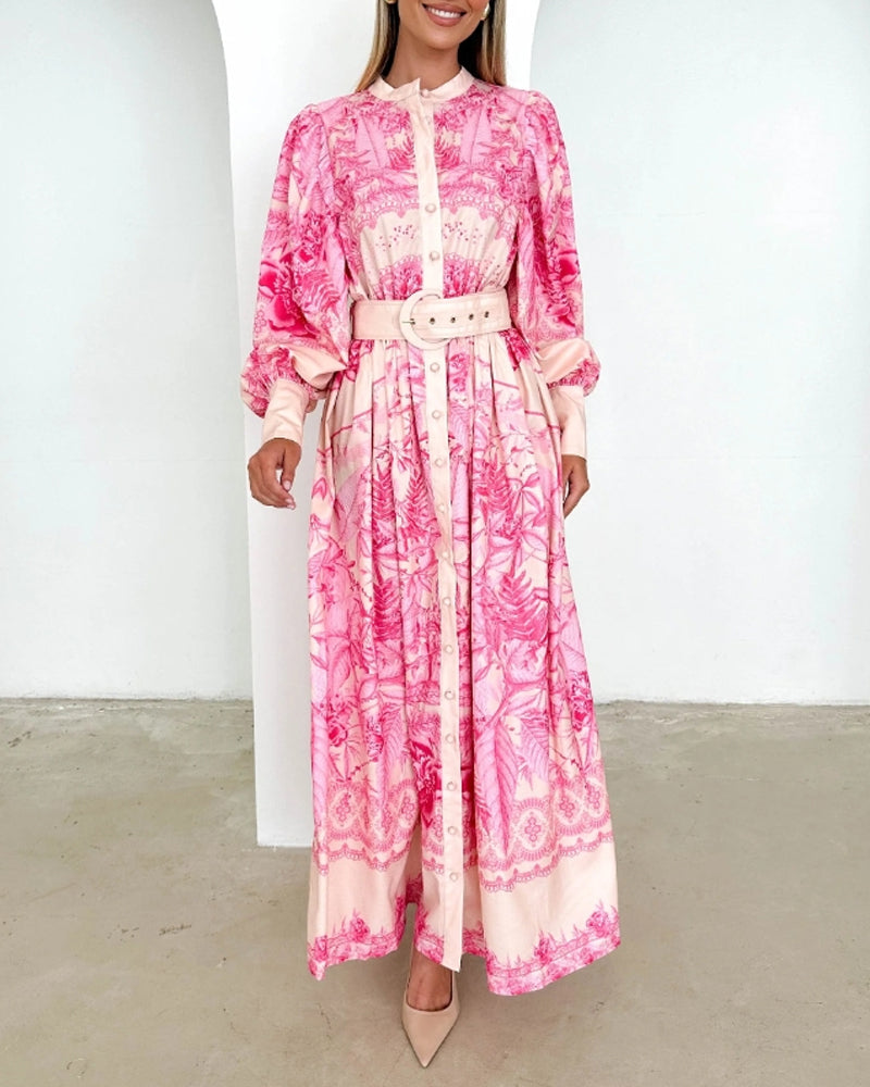 Lantern sleeve button print dress