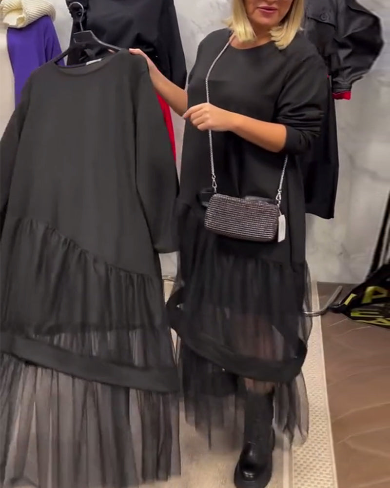 Loose Solid Color Mesh Patchwork Dress