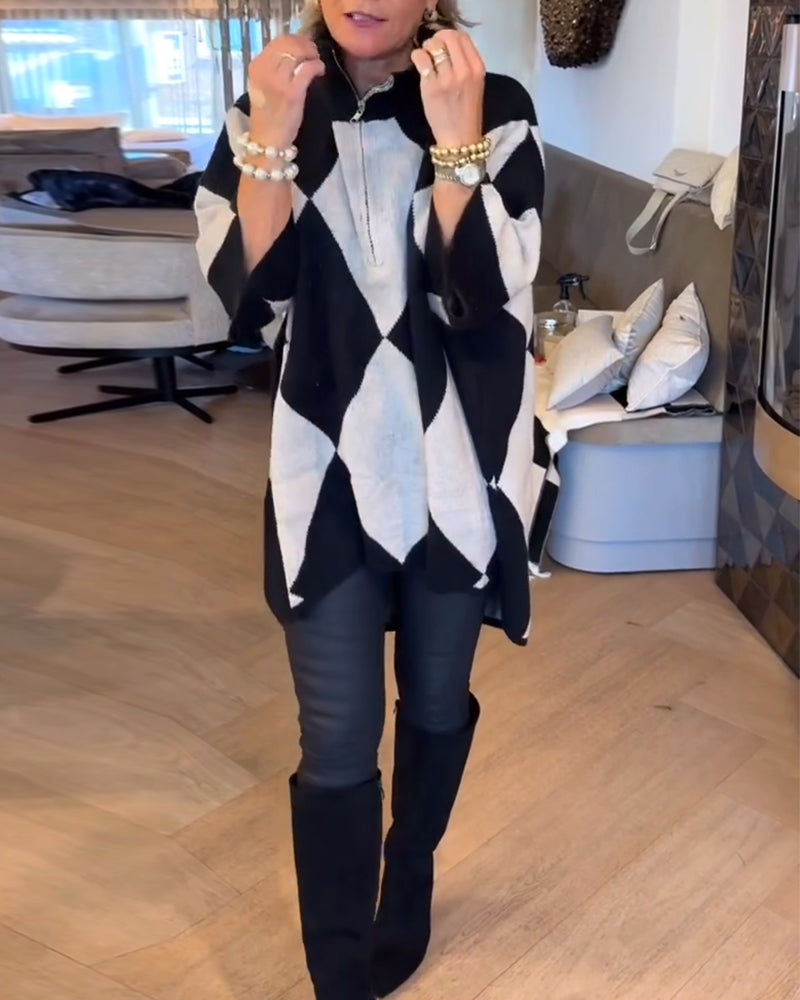 Stand-Up Collar Argyle Irregular Pullover