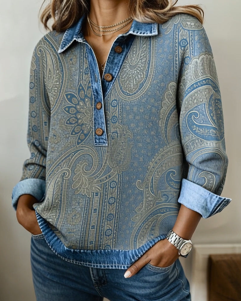 Color-Blocked Button-Down Collar Sweatshirt