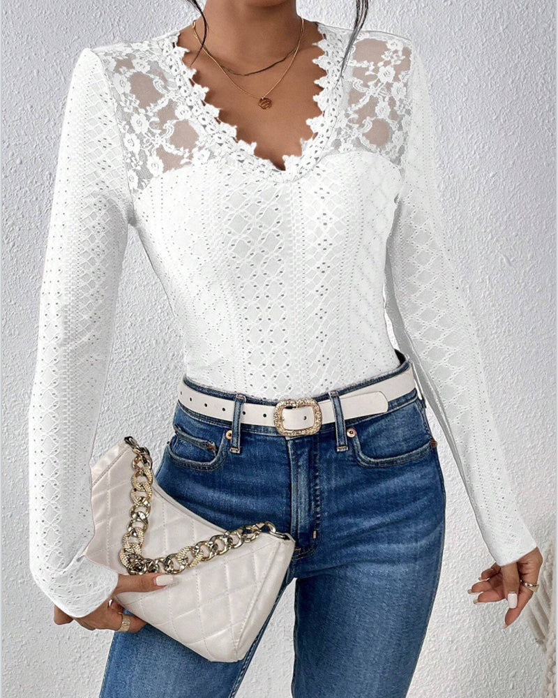 V-Neck Lace Panel Long-Sleeved Top