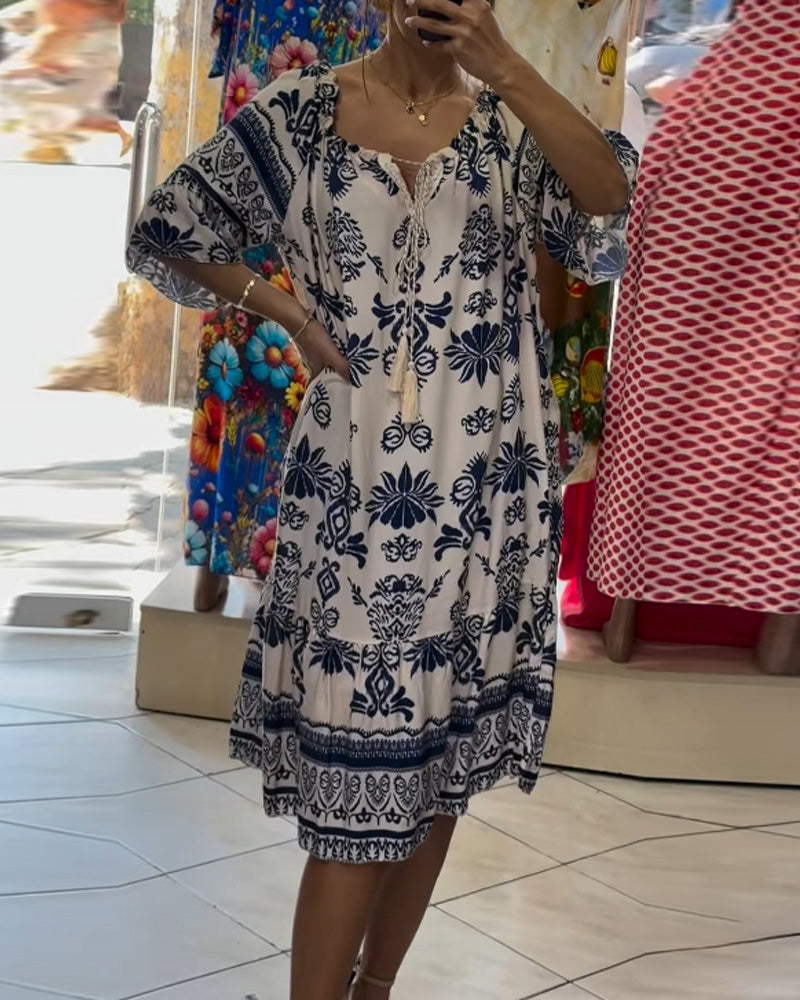 Round Neck Printed Trumpet Short Sleeve Dress