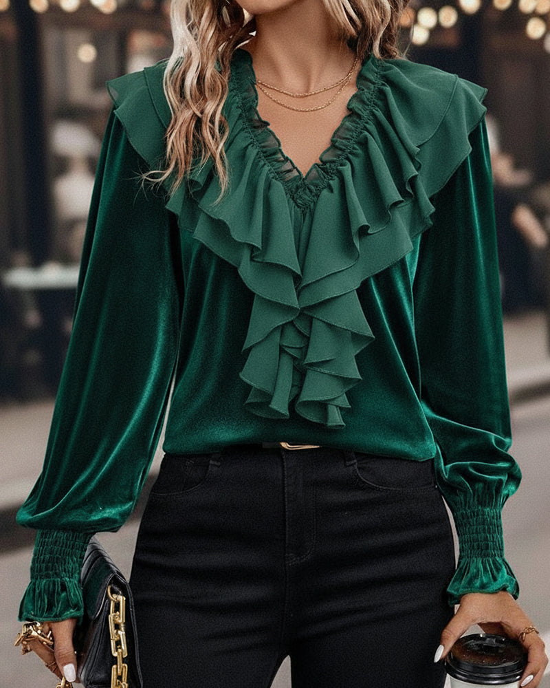 Ruffled V-Neck Long-Sleeved Velvet Top