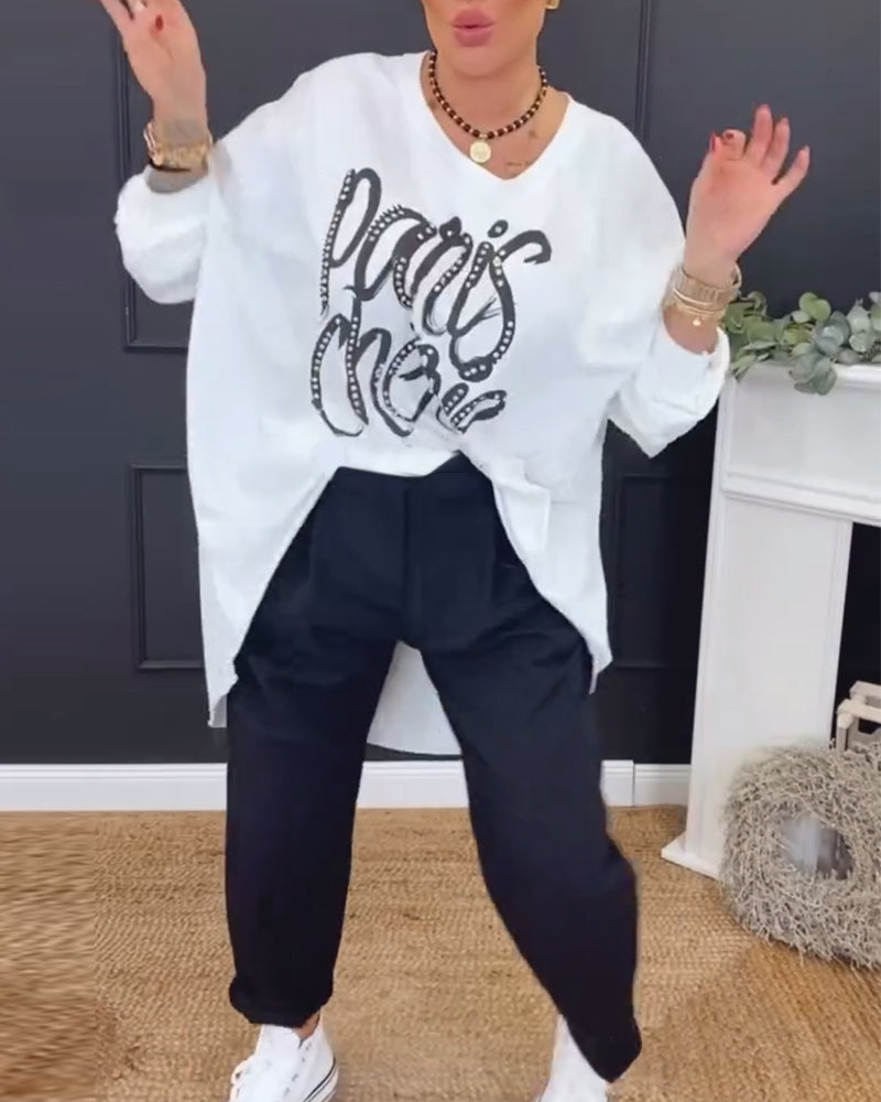 Round Neck Irregular Letter Print Top