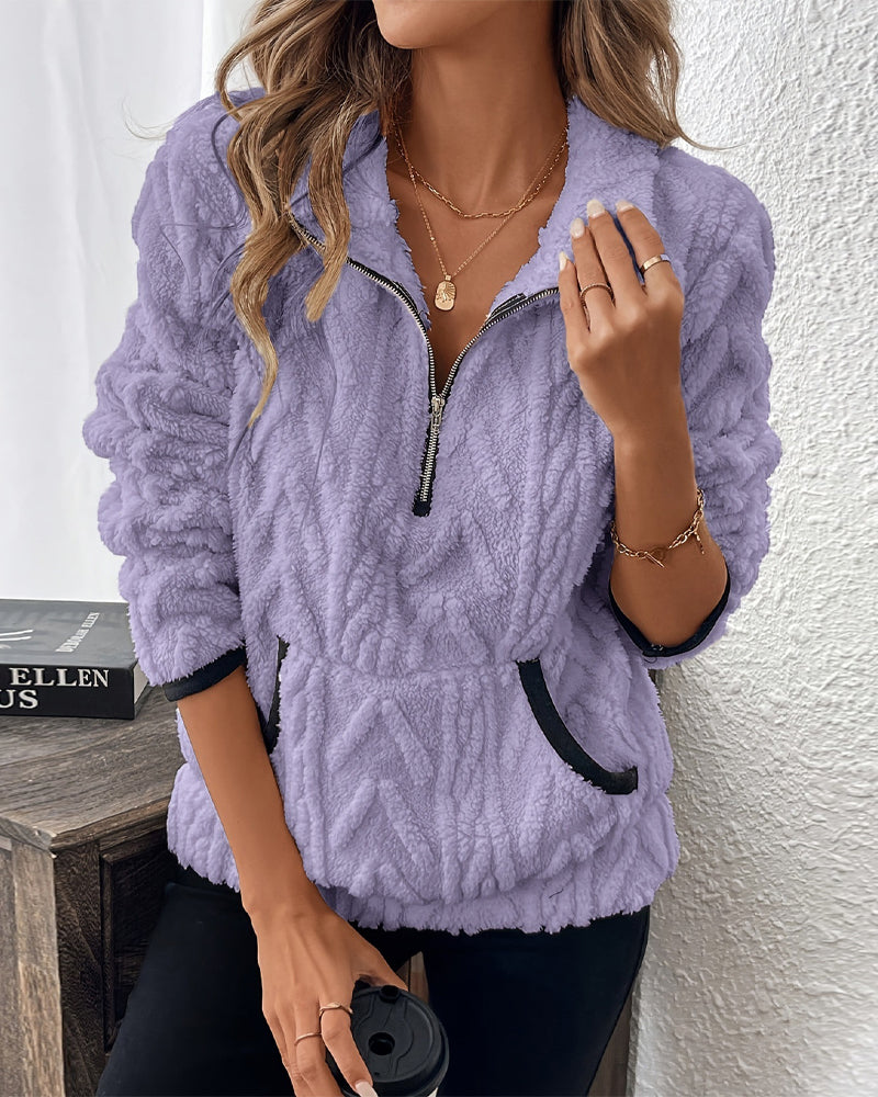 Lapel Zipper Front Fuzzy Sweatshirt