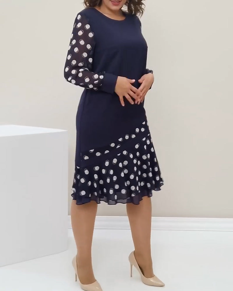 Round Neck Long Sleeve Polka Dot Dress