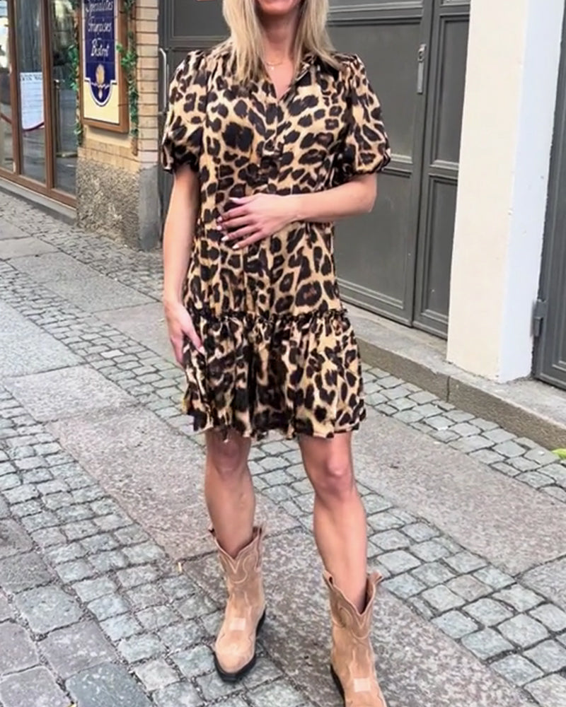 Puff-Sleeved Leopard Print Dress