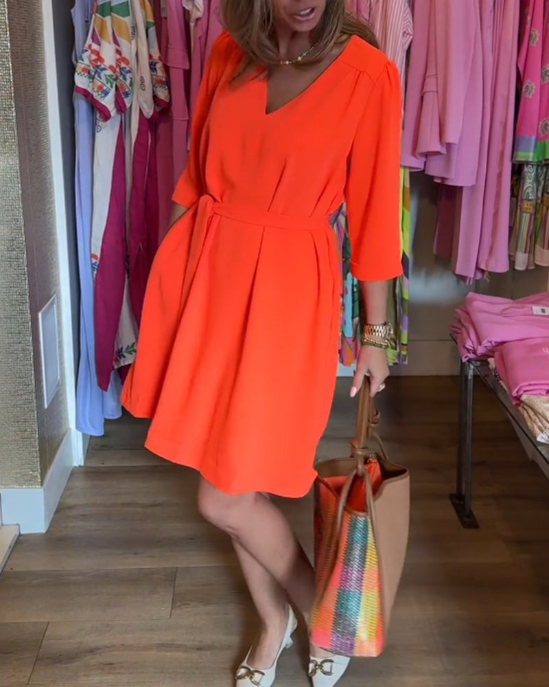 Midi Sleeve Solid Color Dress with Belt