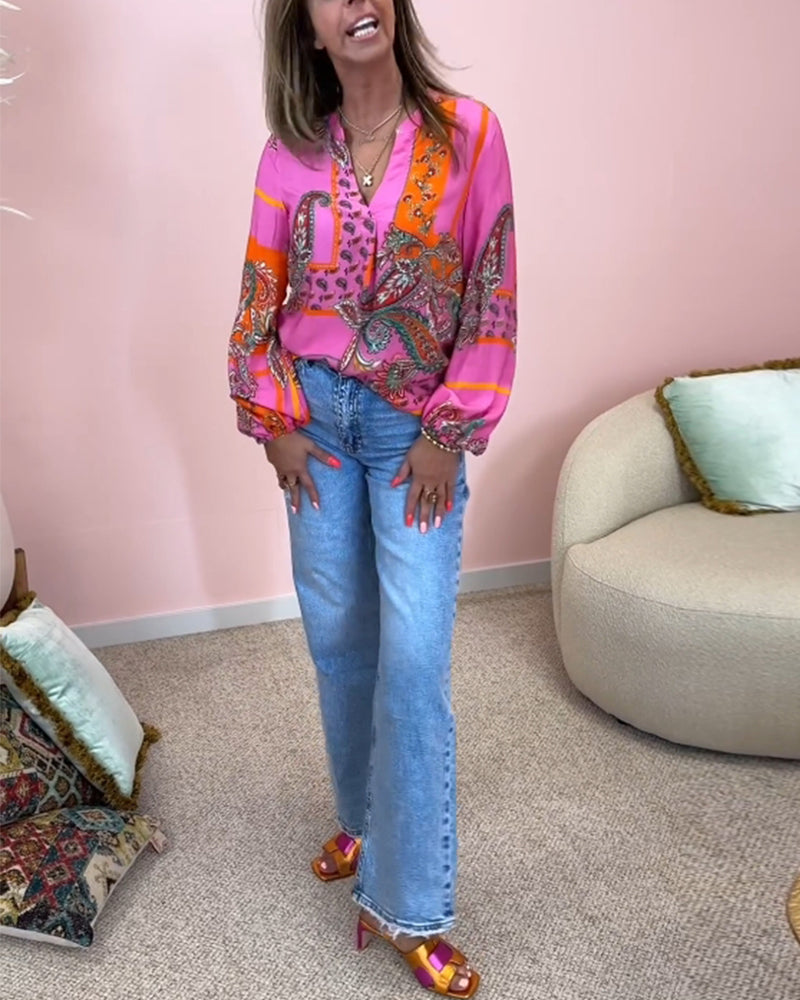 Fashion printed V-neck long sleeve blouse