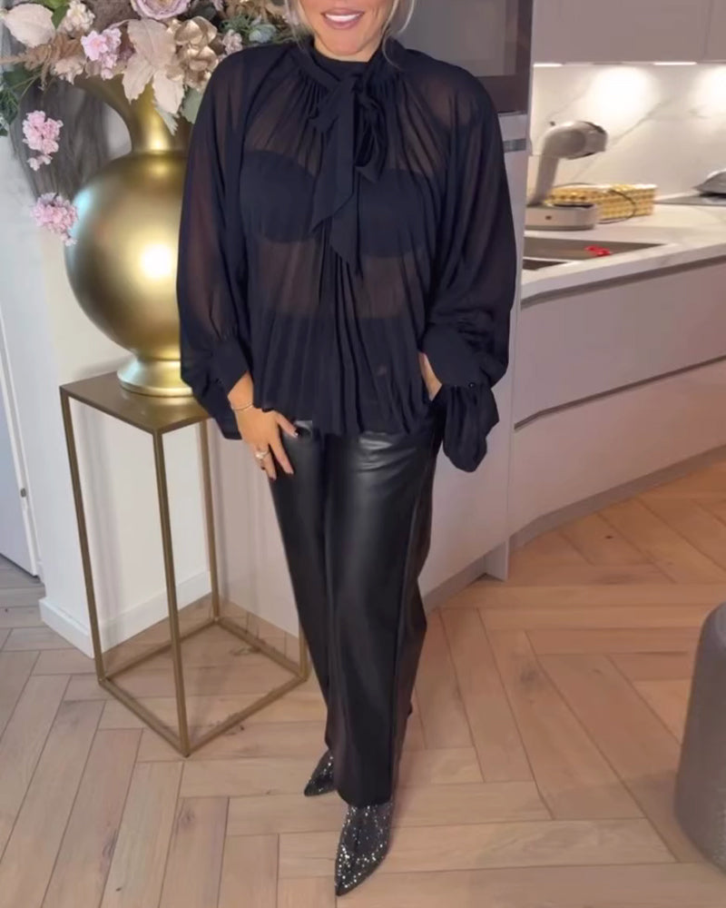 Solid Color Batwing Sleeve Ribbon Blouse