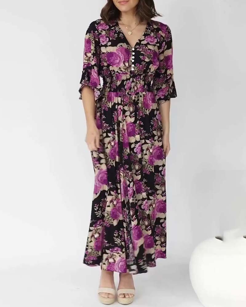 Floral Print V Neck Maxi Dress