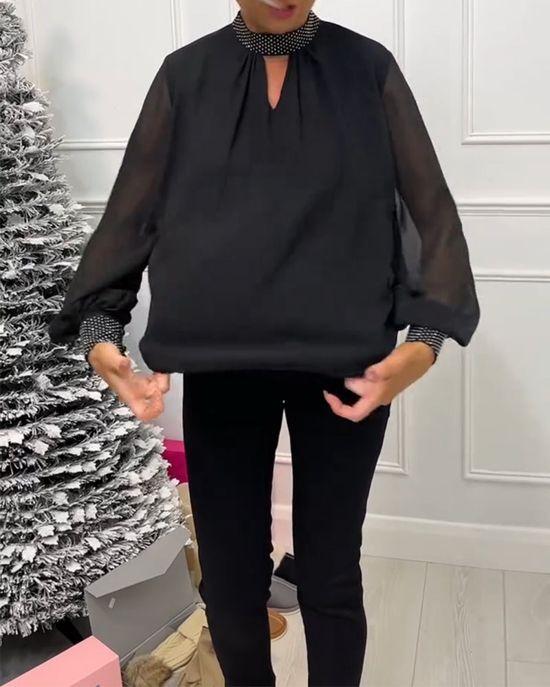 Fashion solid color stand collar patchwork hollow blouse