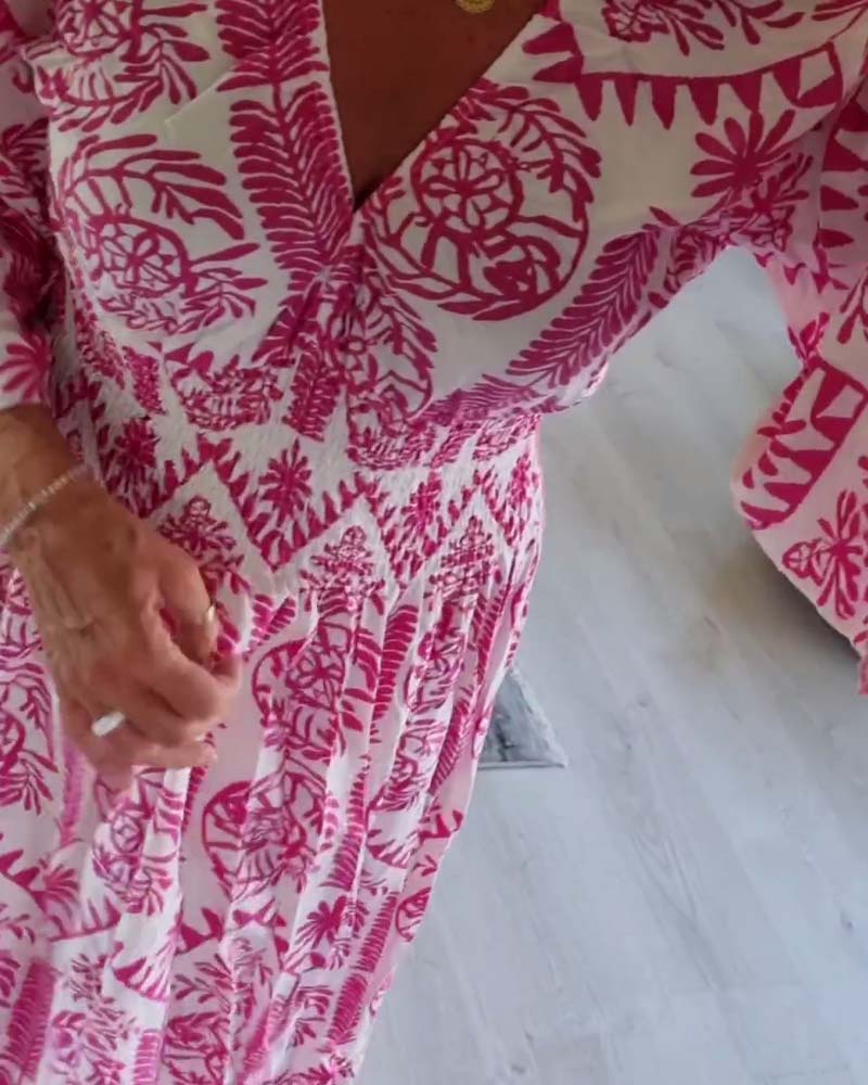 Elegant printed V-neck pleated bell-sleeve dress