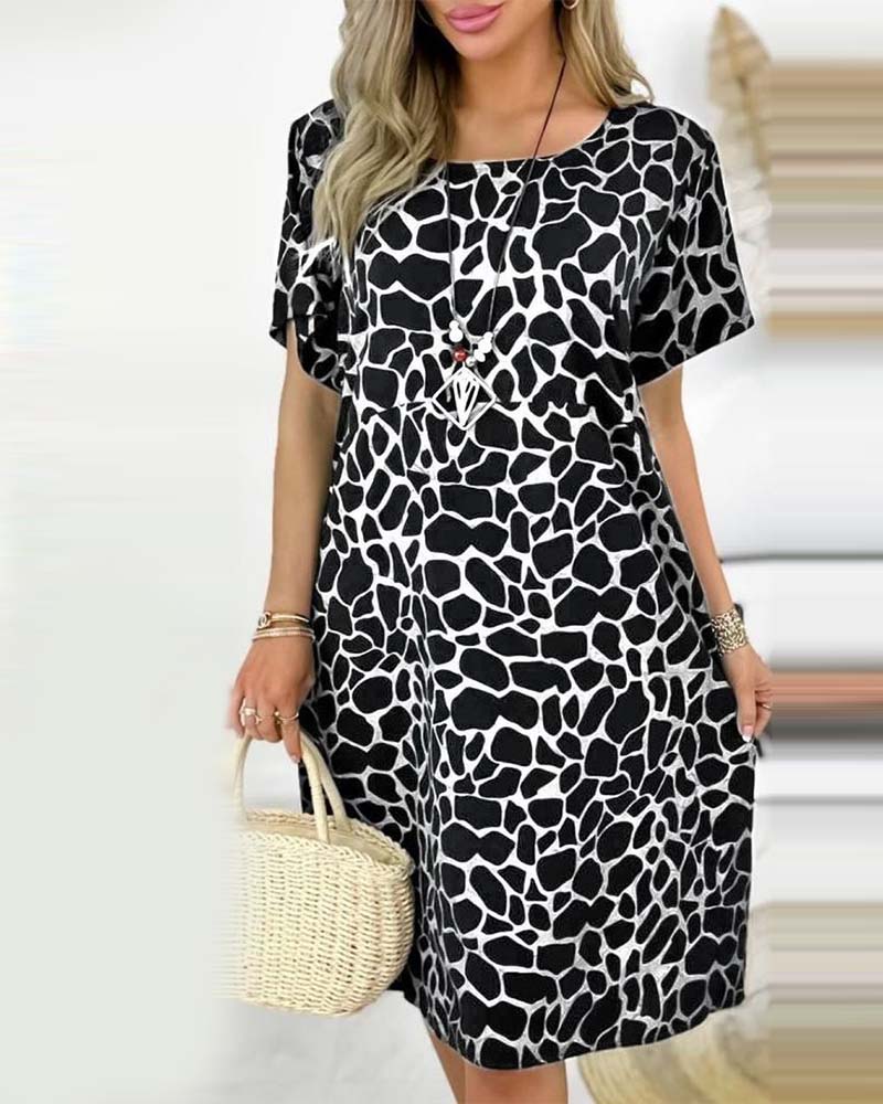 Round neck elegant printed dress