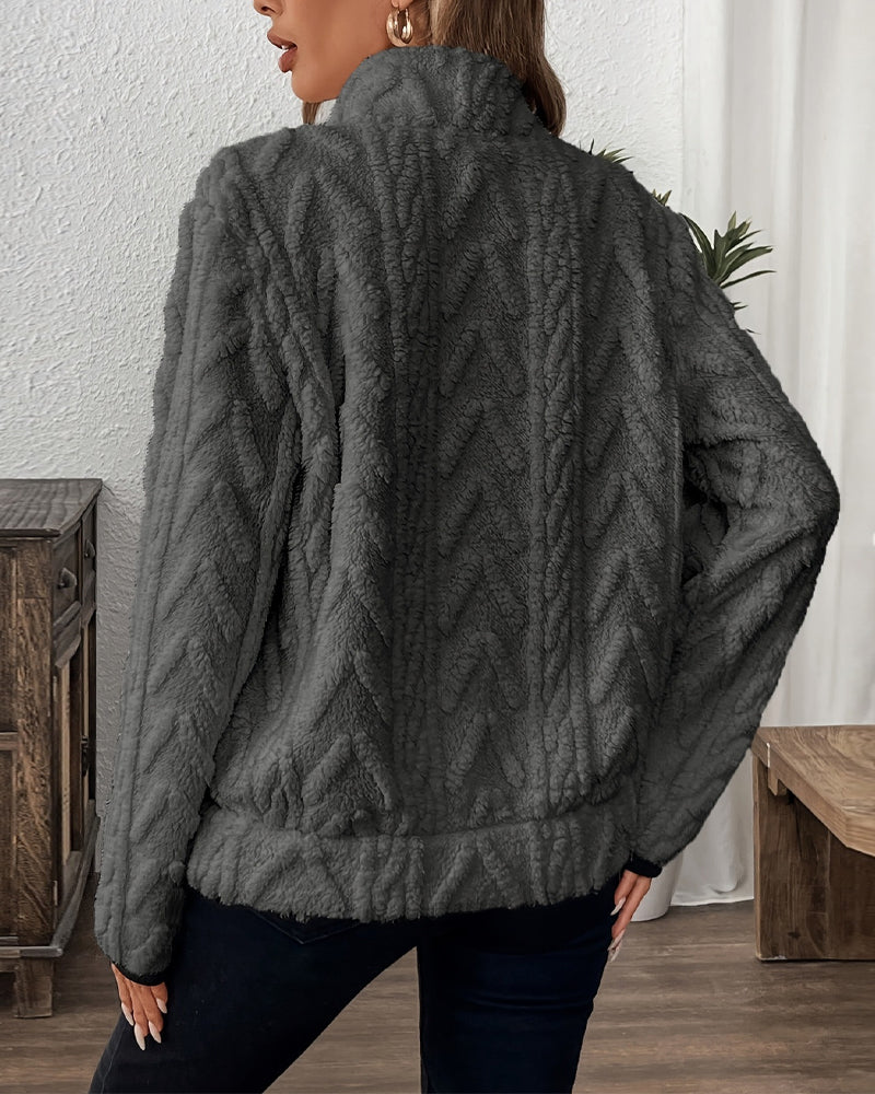 Lapel Zipper Front Fuzzy Sweatshirt