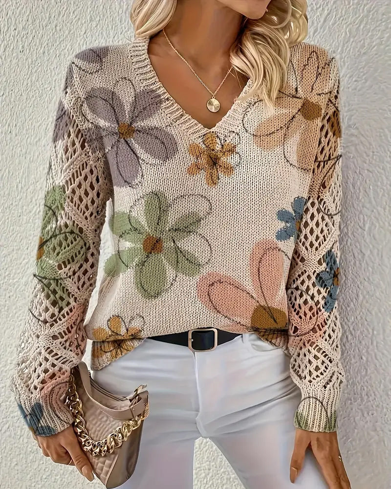 V-Neck Openwork Knit Sweater