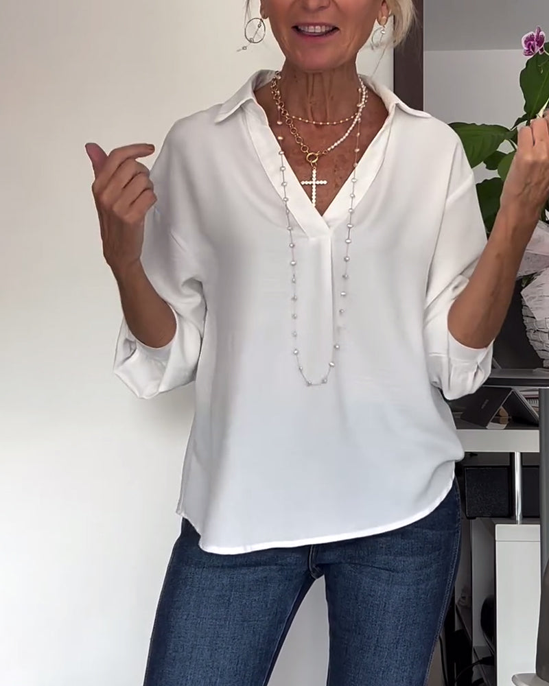 Simple solid color lapel long sleeve top