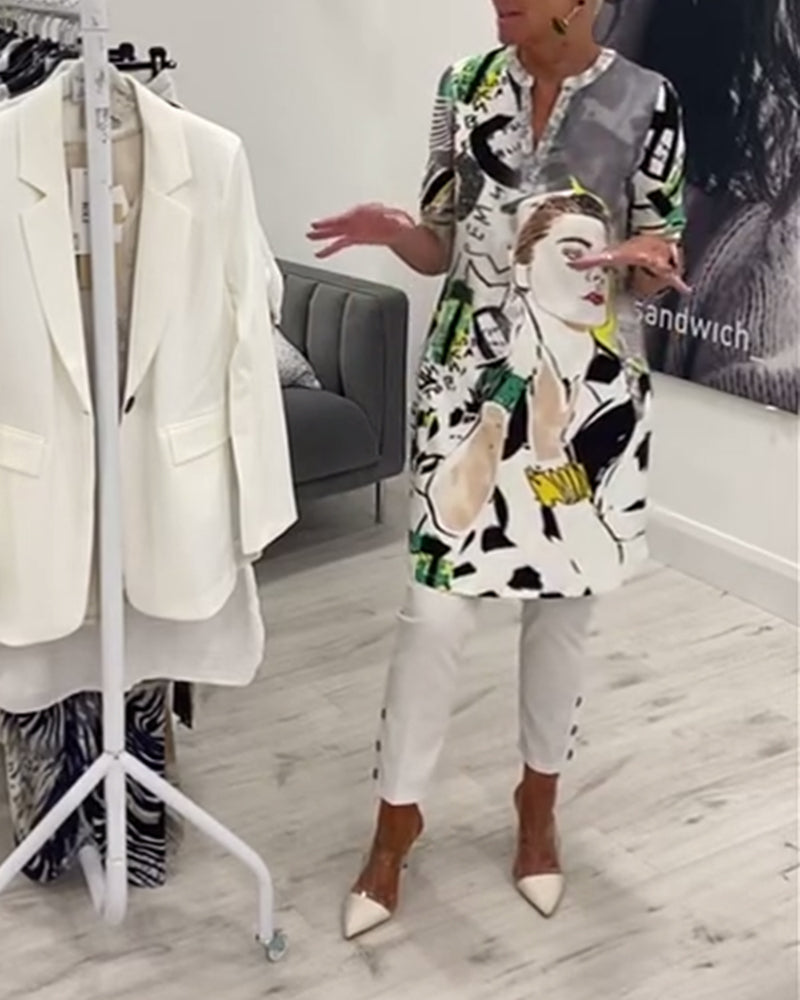 Character print button casual long top