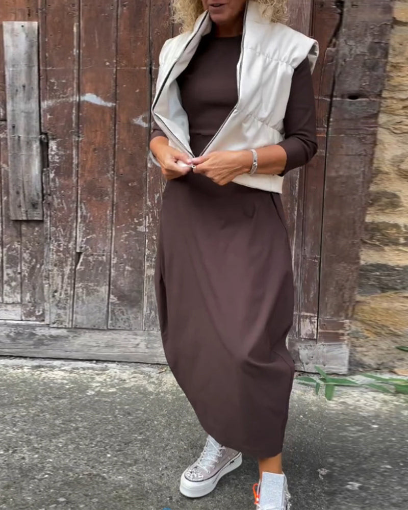 Simple solid color pocket long sleeve elegant dress