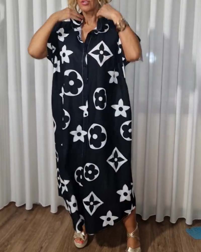 Contrast print lapel button casual dress