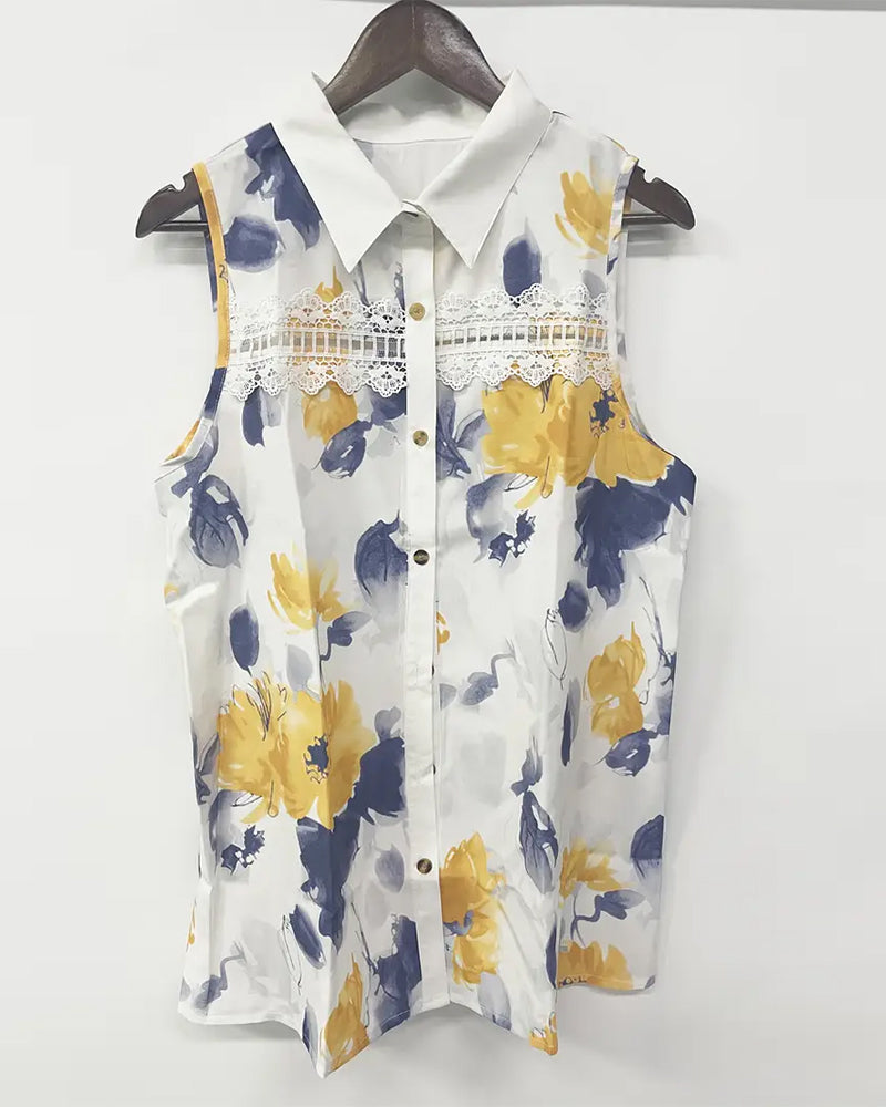 Sleeveless Lapel Printed Hollow Tank Top