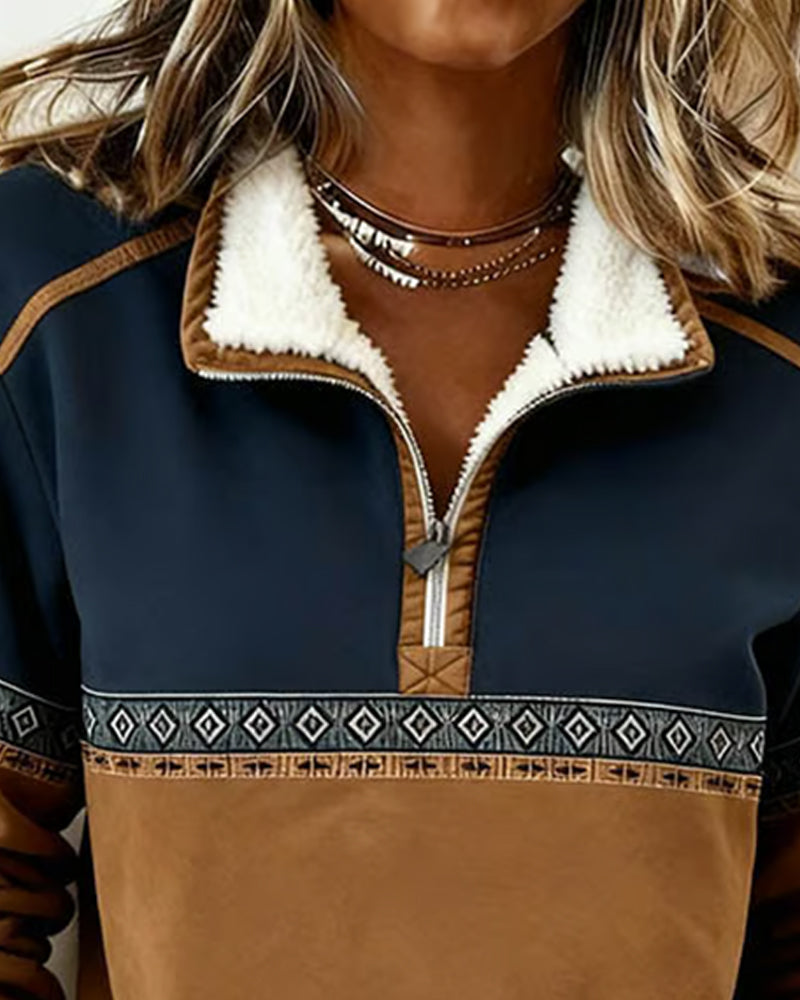 Retro Color-Blocked Fur Collar Sweatshirt