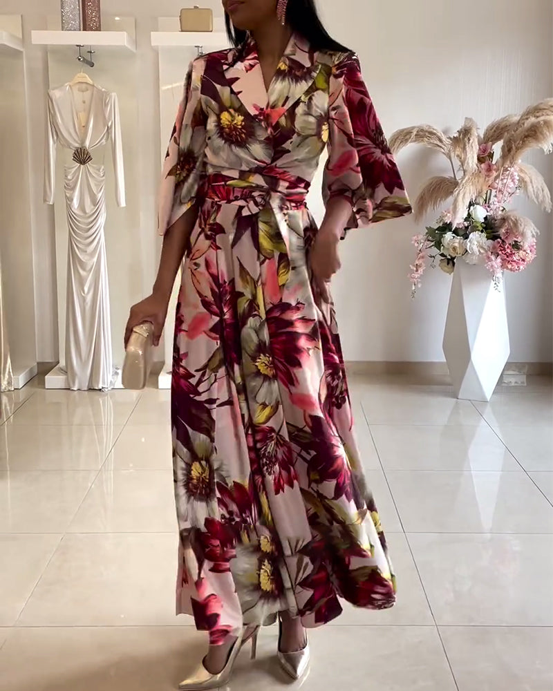 Floral print lapel three-quarter sleeve lace-up dress