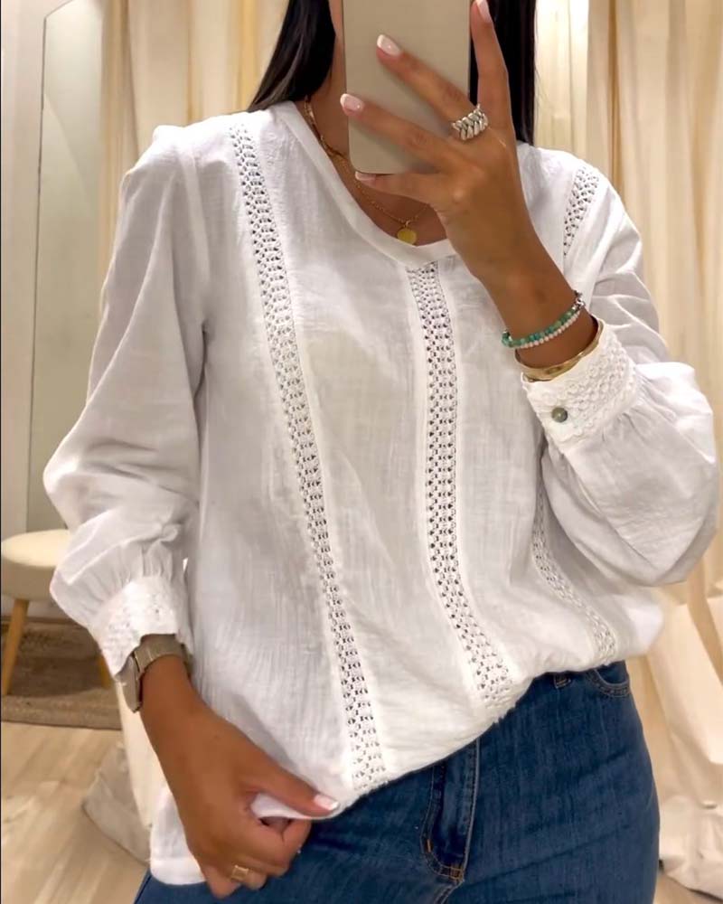 Fashionable lace round neck long sleeve top