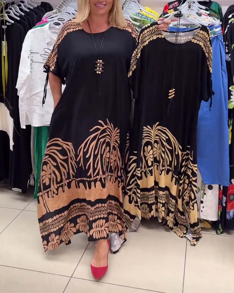 Printed round neck short sleeve lace-up loose dress