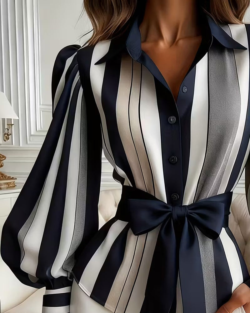 Puff-Sleeved Striped Collared Blouse