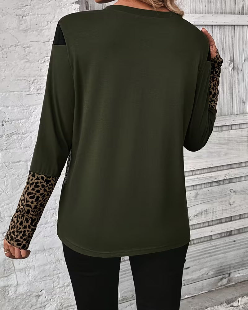 Round Neck Leopard Print Color-Blocked Top