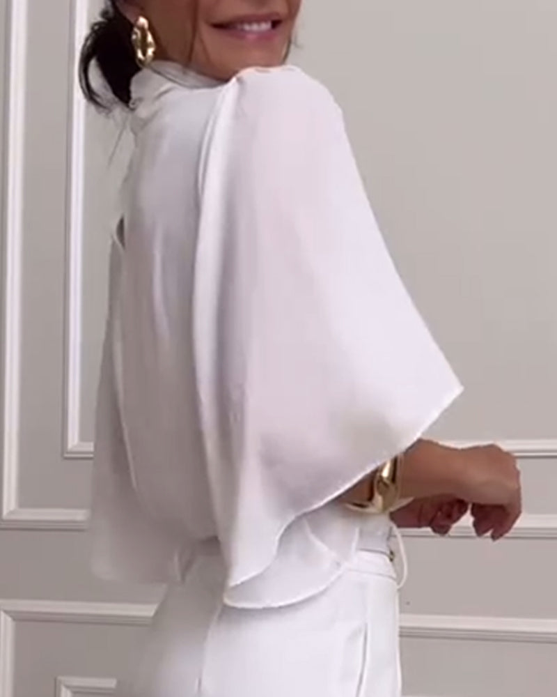 Solid color high collar  butterfly sleeve blouse