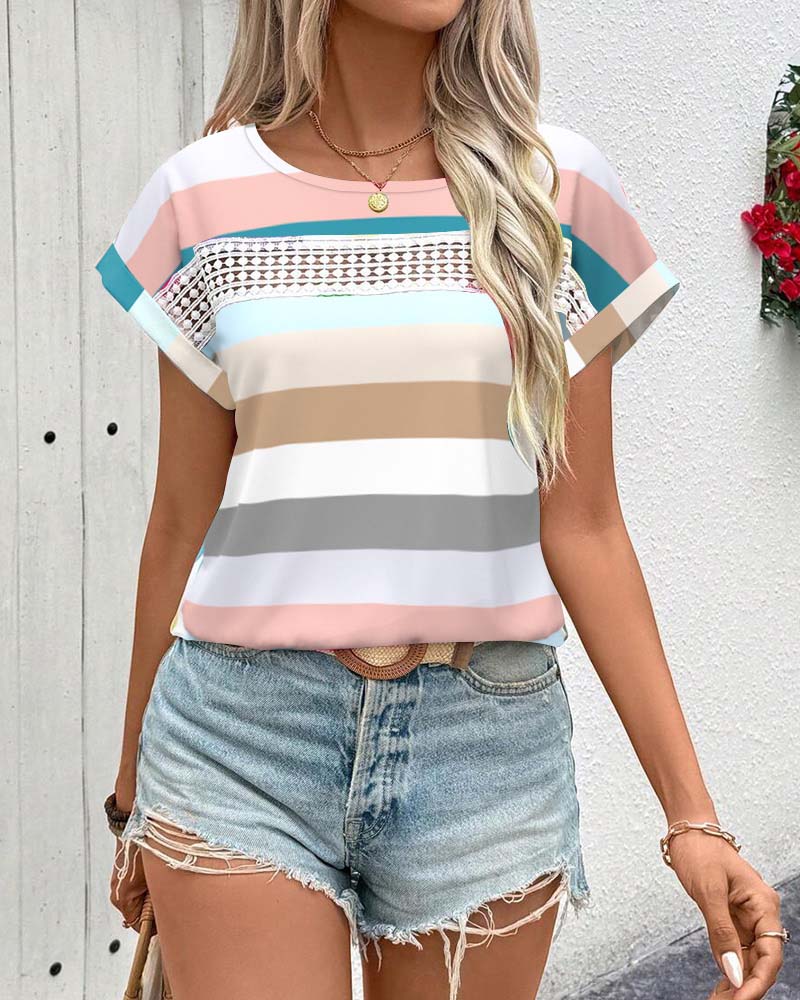 Round Neck Striped Plaid T-Shirt